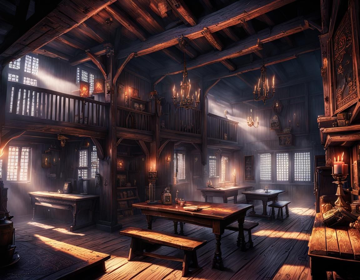 Sinister Anime Inn Interior in Medieval Fantasy Style
