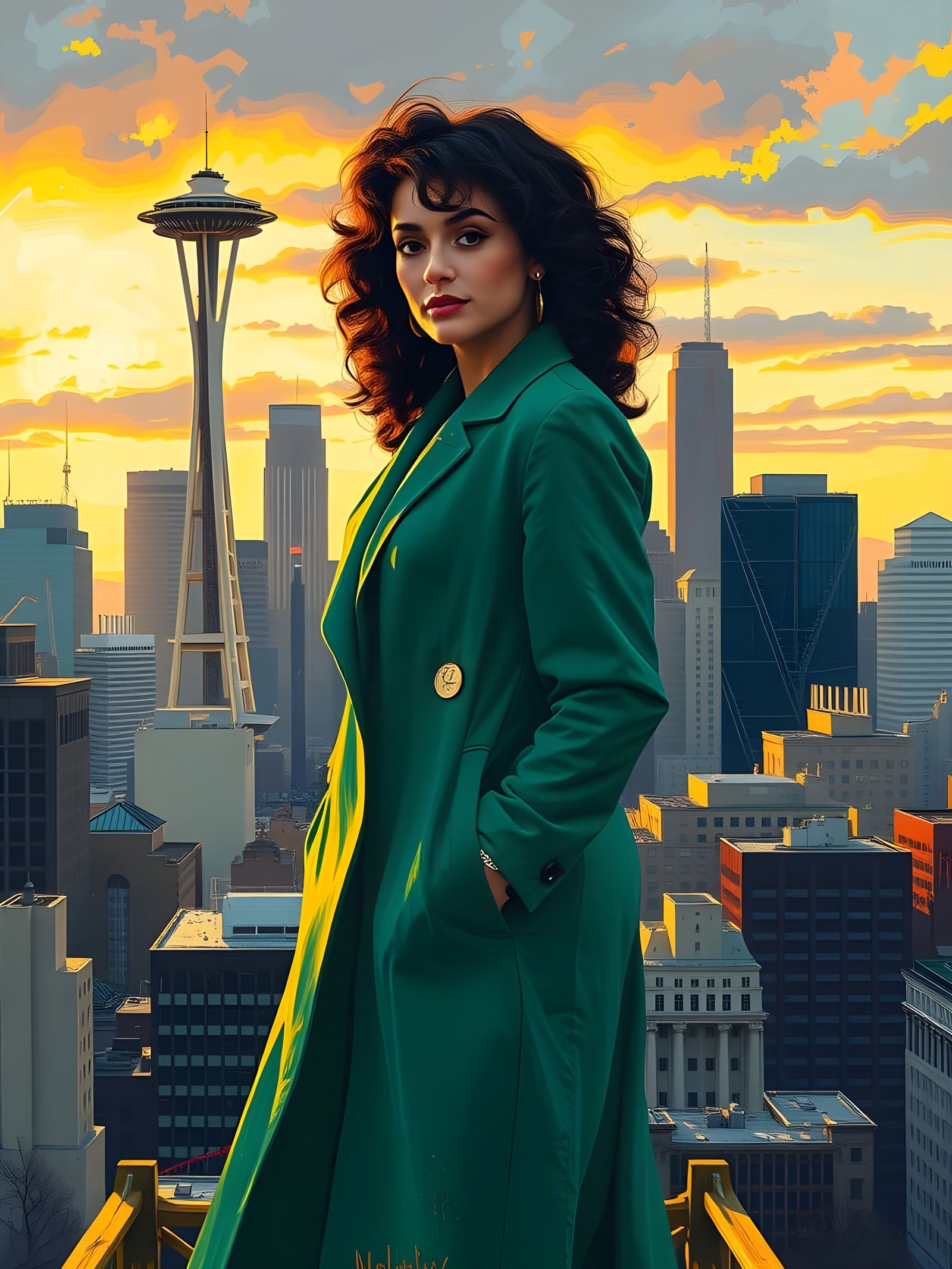 Surreal Seattle Cityscape Woman in Bold Brutalist Style