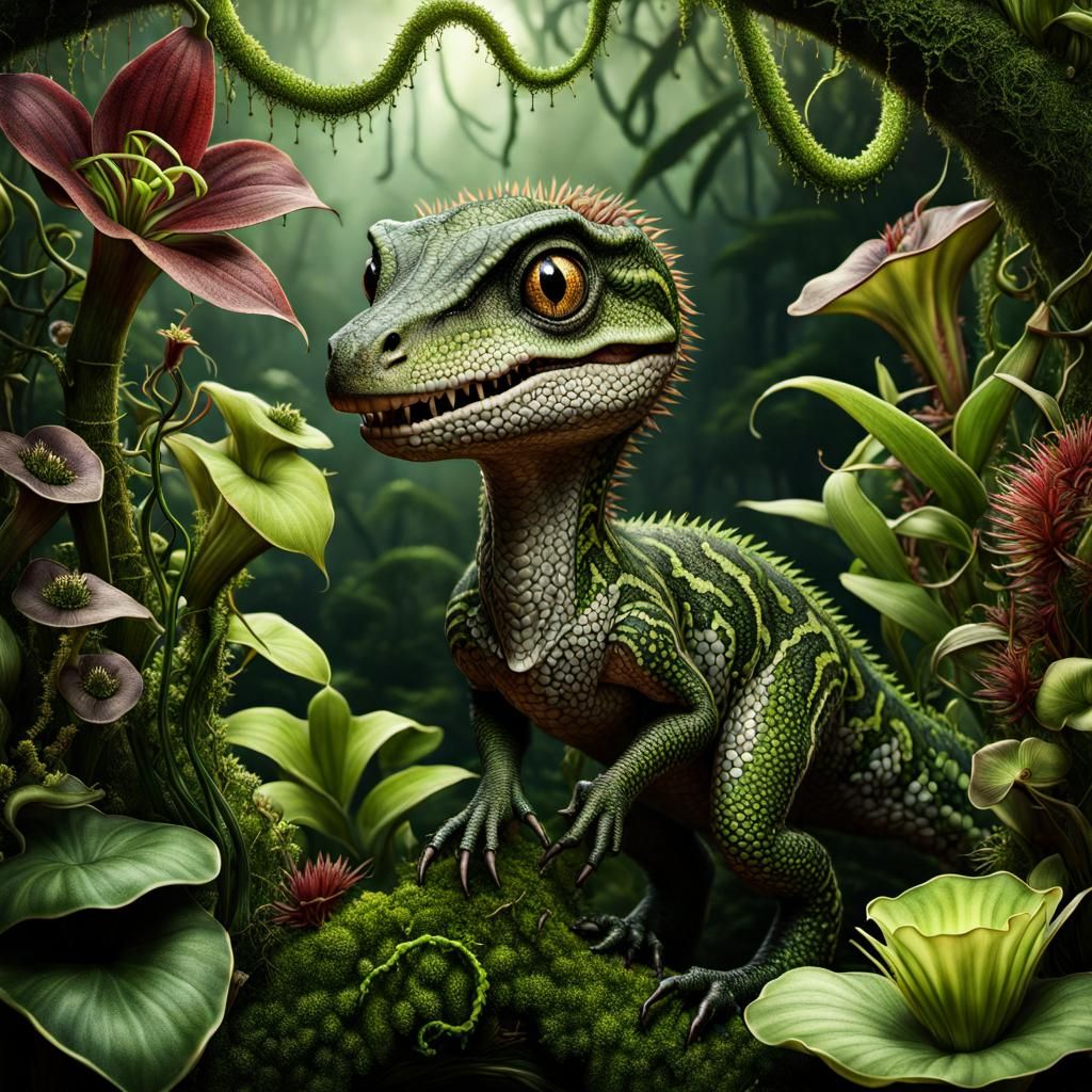 Cute Raptor in Maximalist Jungle