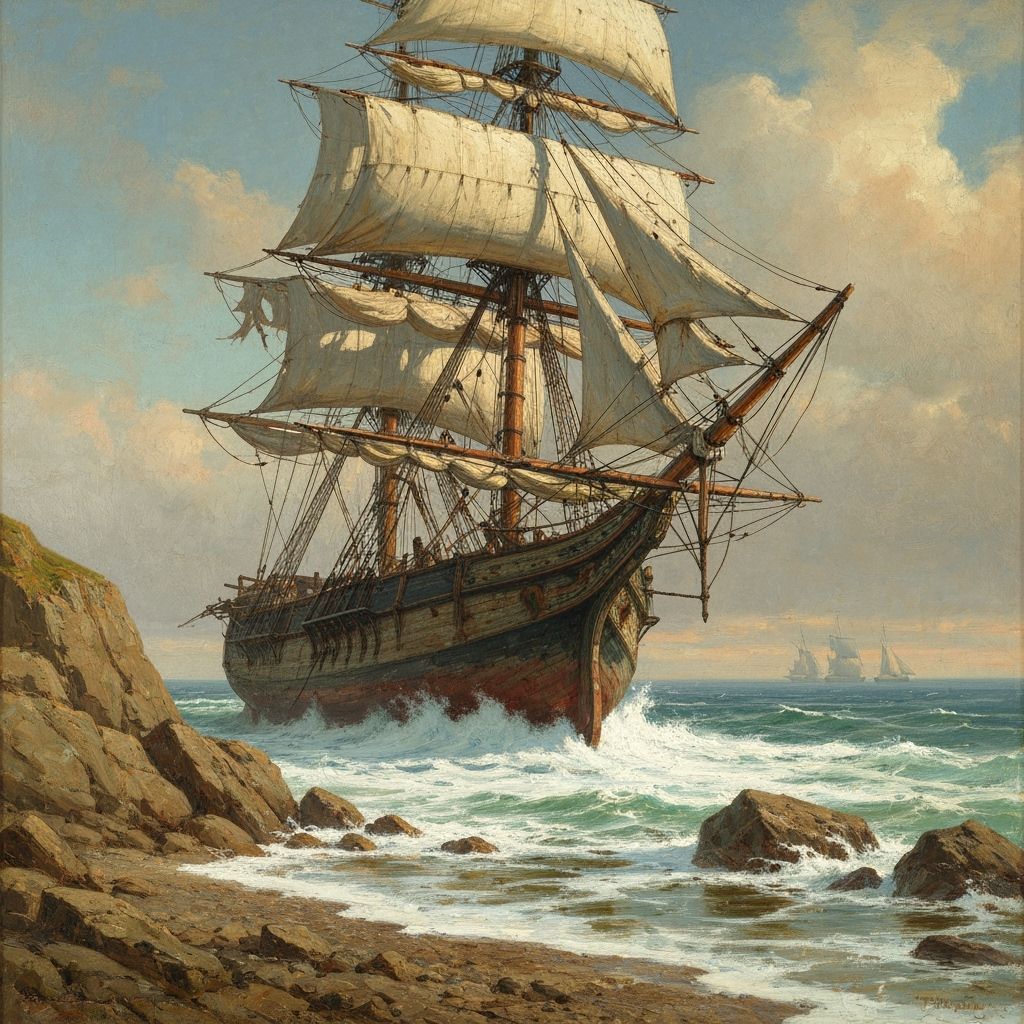 19th Century Clipper Ship Aground on Rocky Coast
