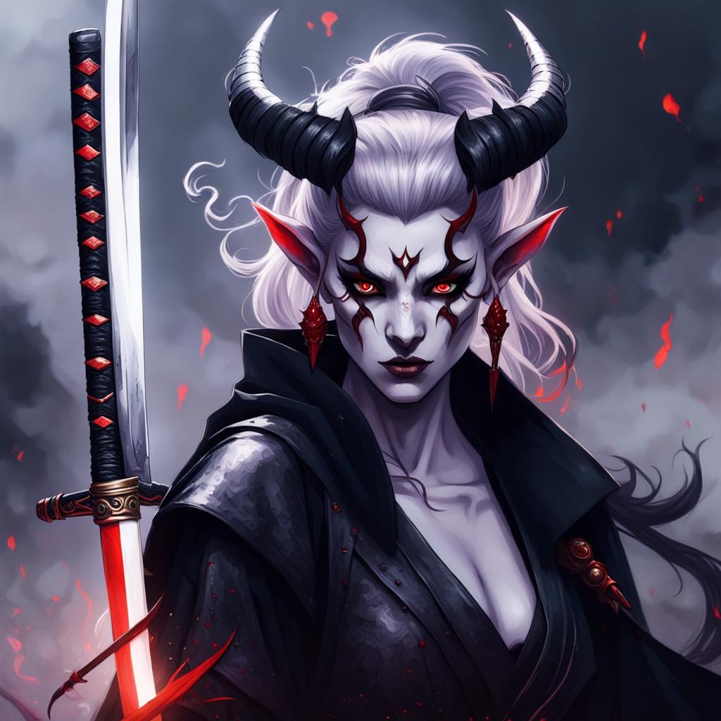 Gothic Fantasy Tiefling Portrait with Katana