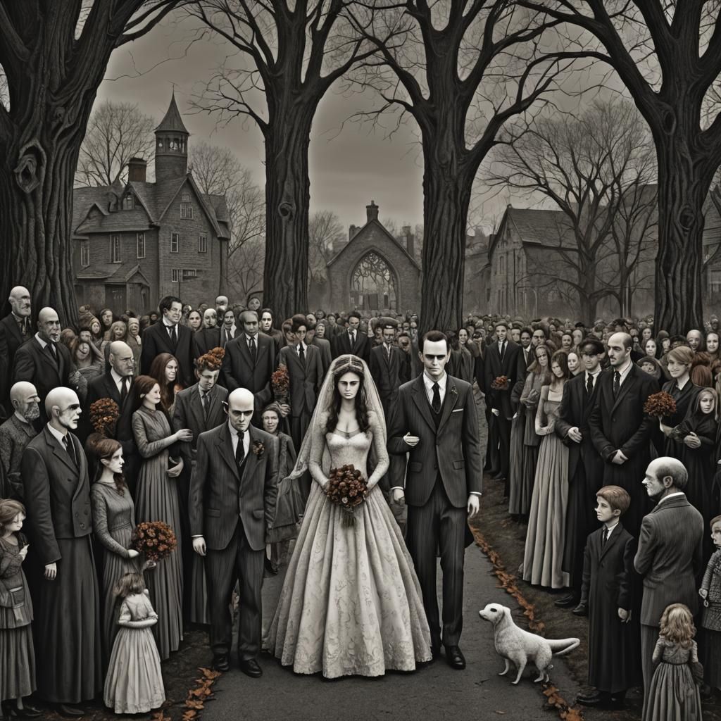Moody Wedding Scene in Edward Gorey Style