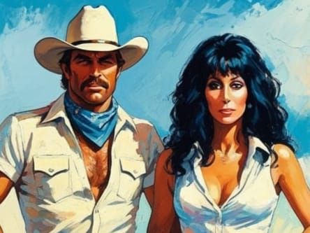 Cowboy Tom Selleck and Cher in Expressionist Oil Painting