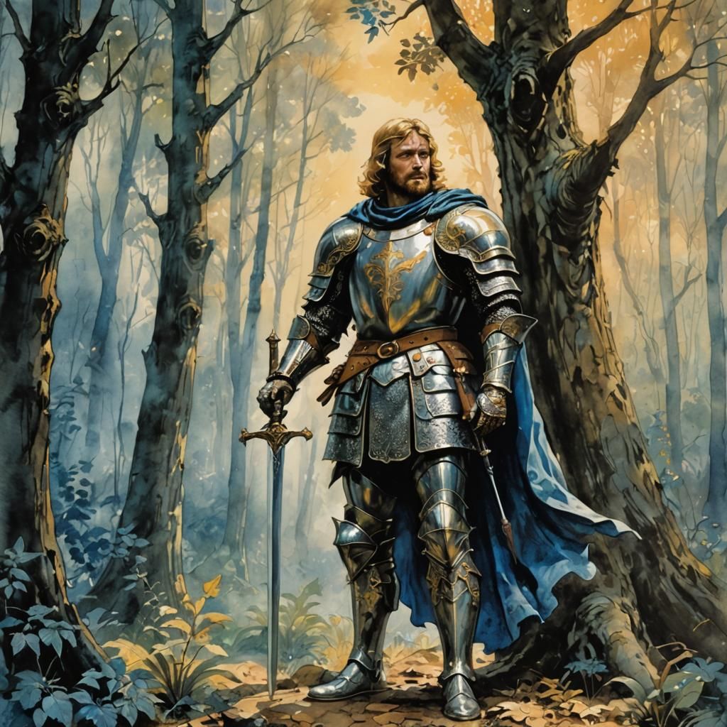 Sir Gawain in Mystical Forest: 70s Fantasy Art