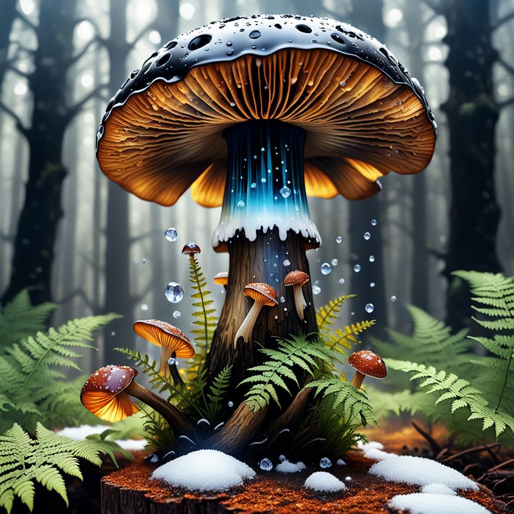 Magical Obsidian King Bolete Mushroom in Crystalline Forest