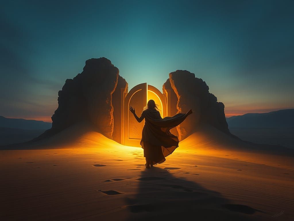Twilight Desert: Woman and the Ancient Glowing Door