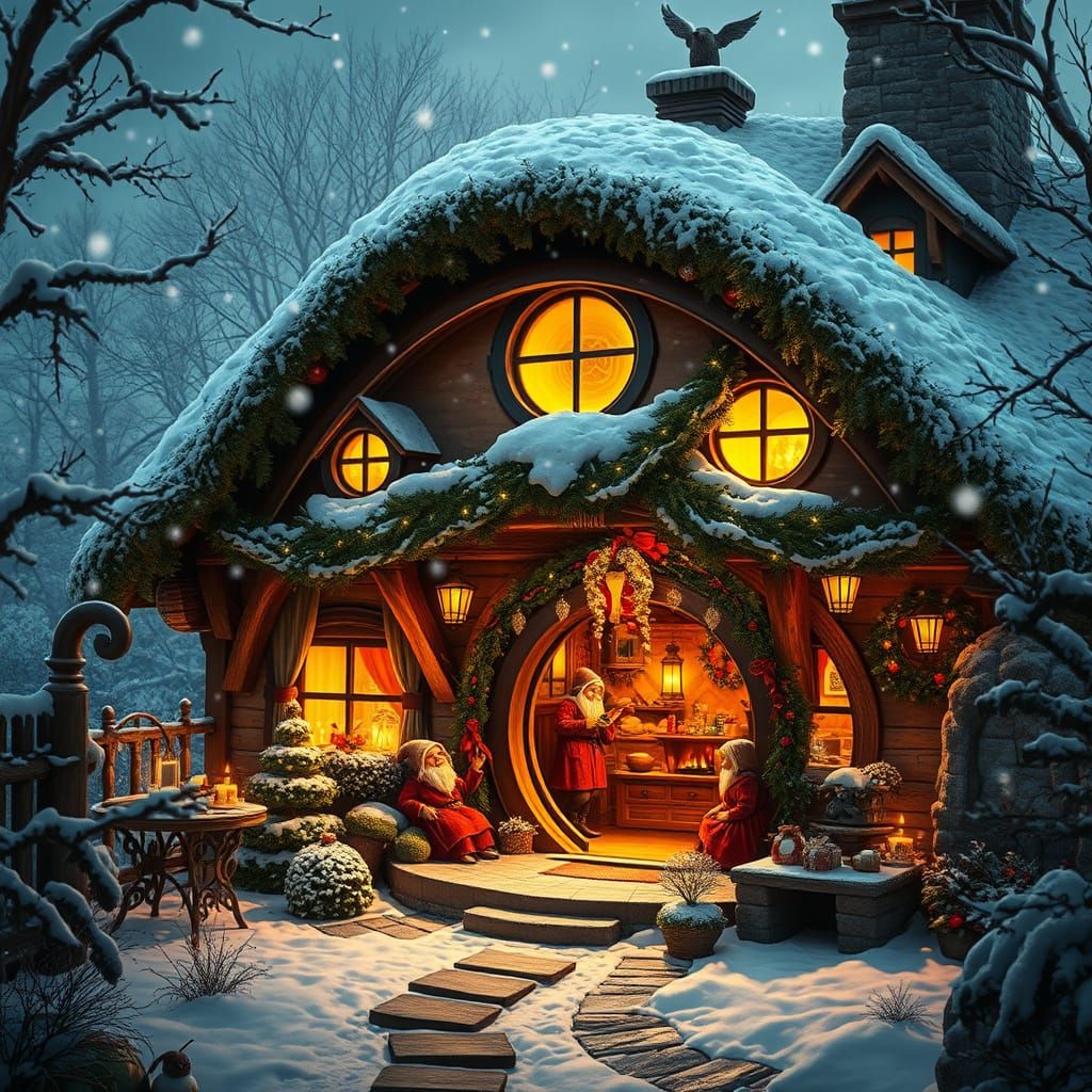 Hobbit Home Decked for Christmas with Cheerful Hobbits