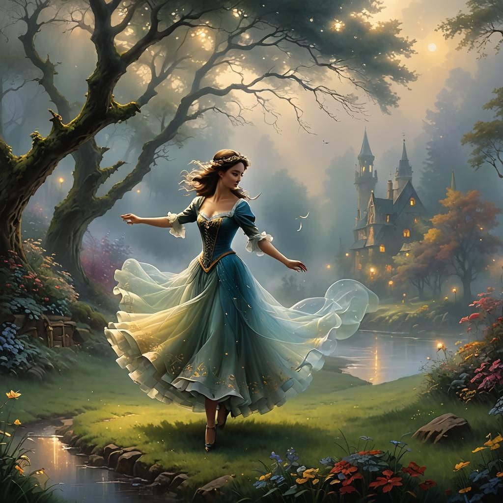 Ethereal Dancers in Misty Fantasy Landscape