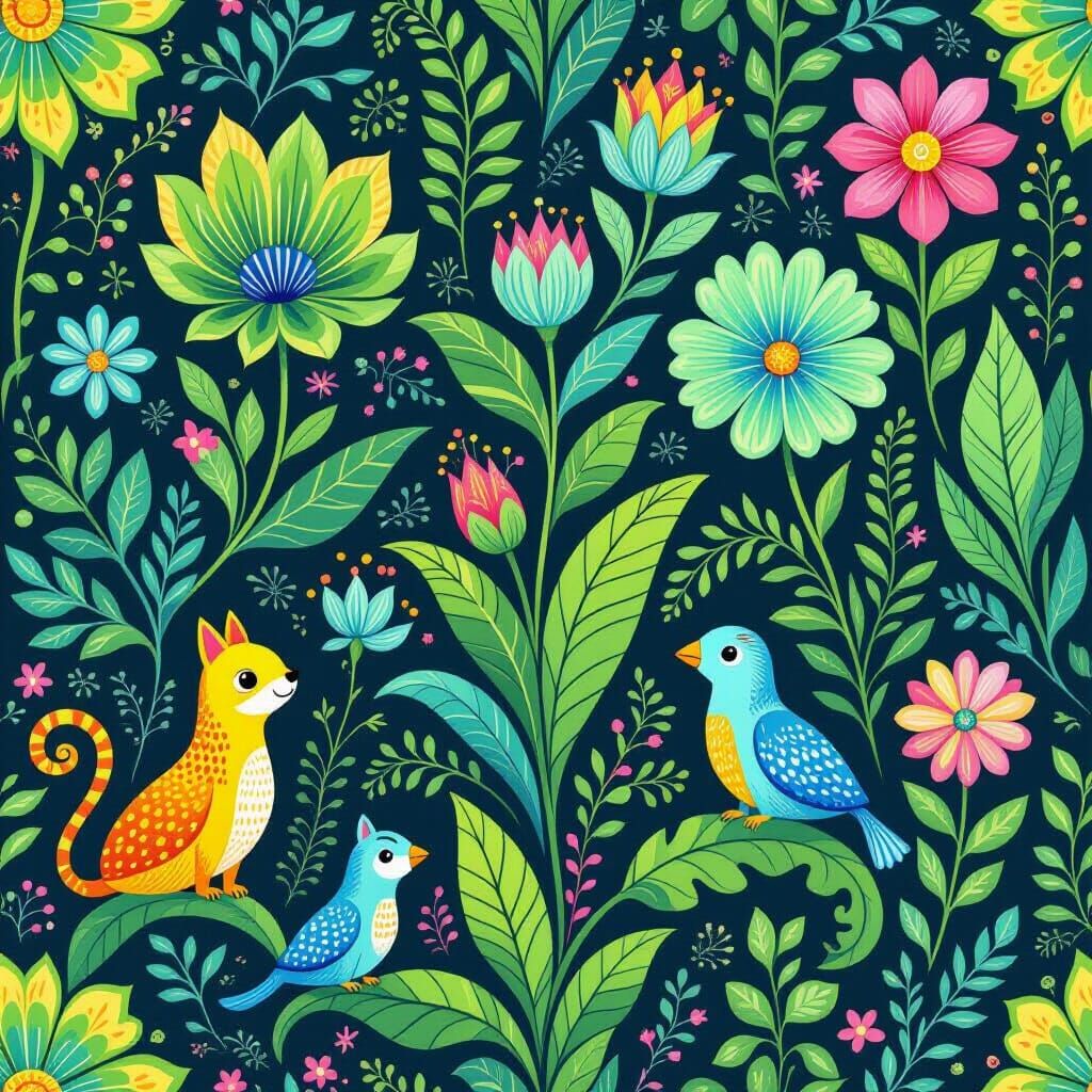 Vibrant Surreal Pattern of Fantastical Plants and Animals