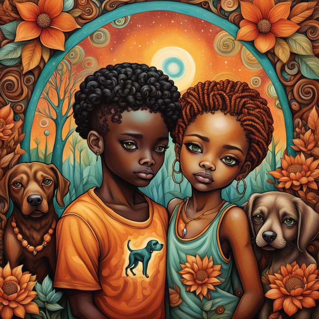 Children Playing With Dog in Surrealist Style