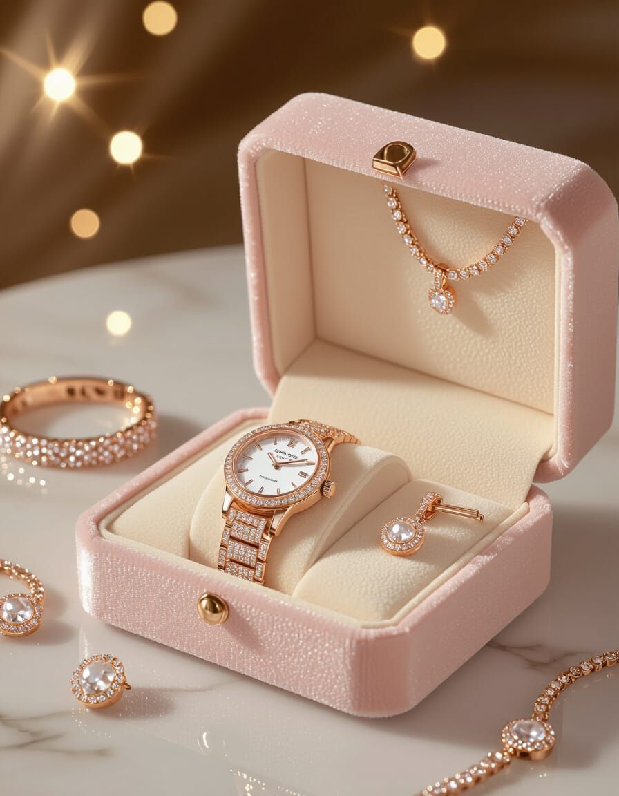 Luxury Jewelry Set on Marble Table in Golden Light