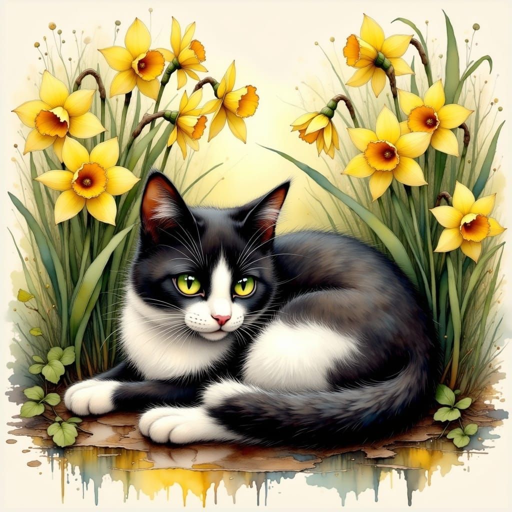 Whimsical Sunlit Garden Scene with Tuxedo Kitty