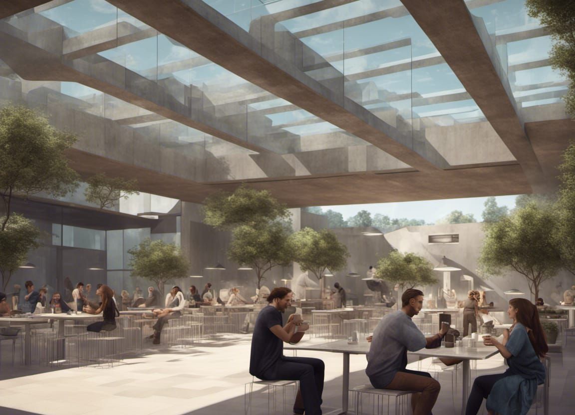 Outdoor Cafeteria with Algorithmic Glass Roof in Detailed Ma...