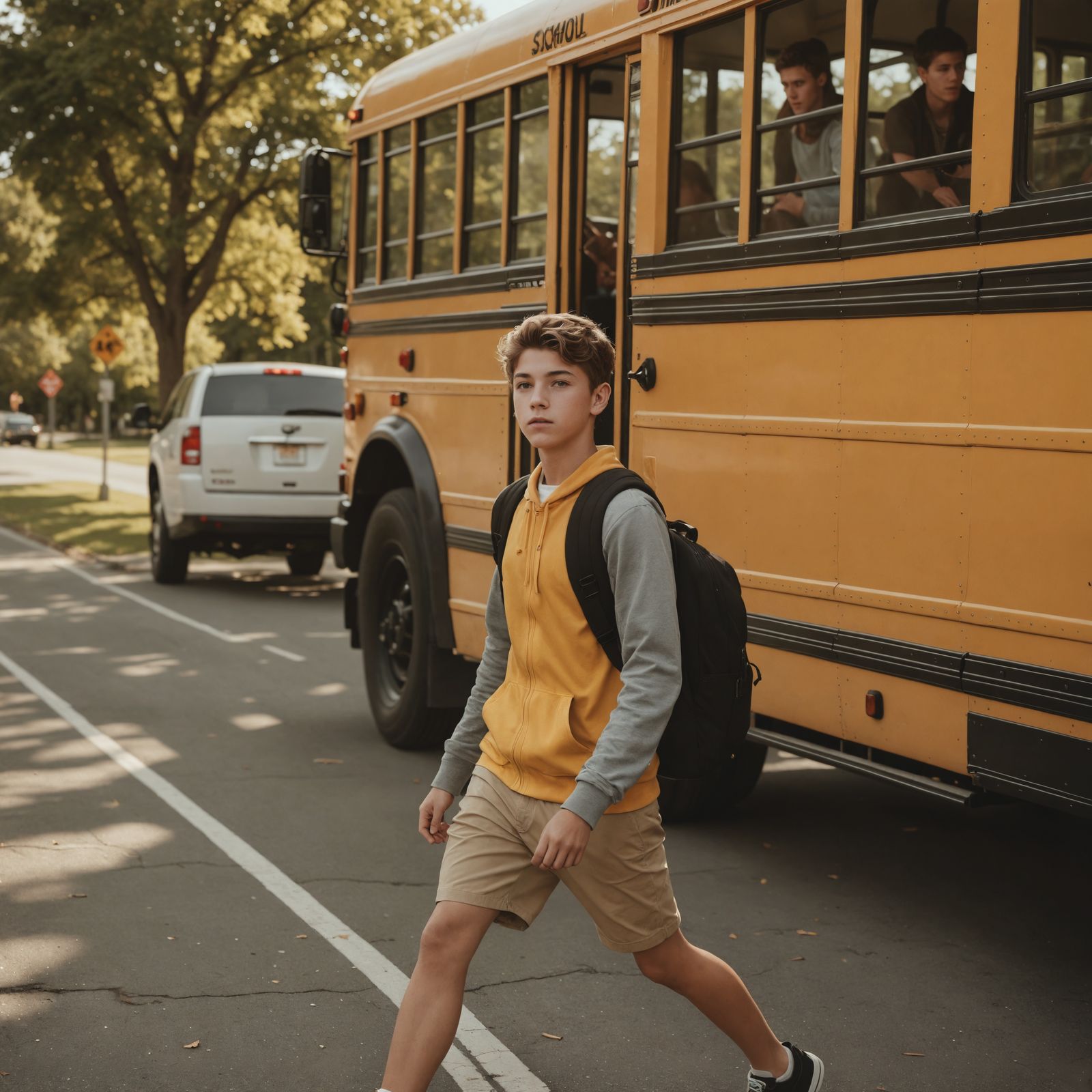 Teenager Exiting School Bus: Photorealistic Image