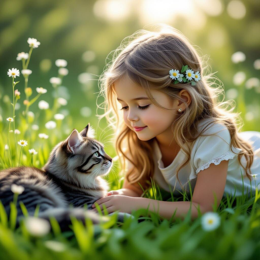 A gentle scene depicts a young girl with flowing blonde hair...