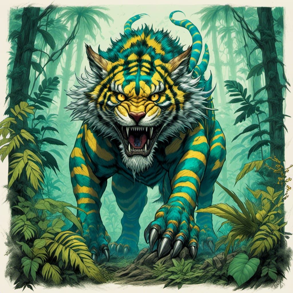 Striped Sabretooth Tiger in Detailed Fantasy Illustration