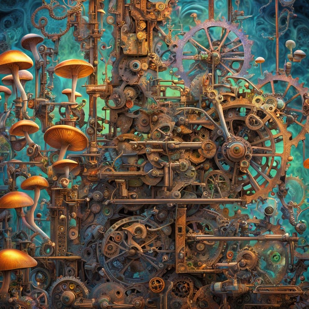Surreal Rube Goldberg Machine With Psychedelic Mushrooms