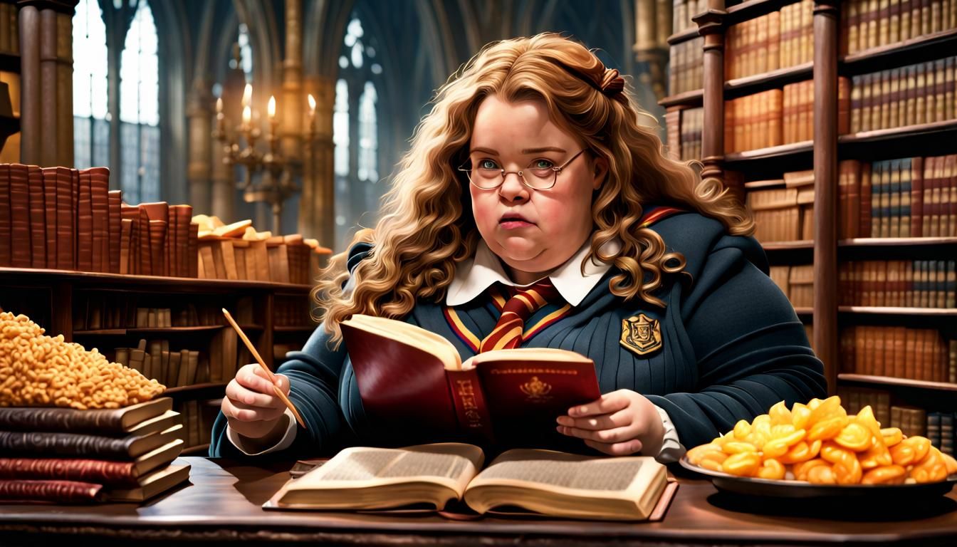 Hermione Granger Reads and Eats at Hogwarts Library
