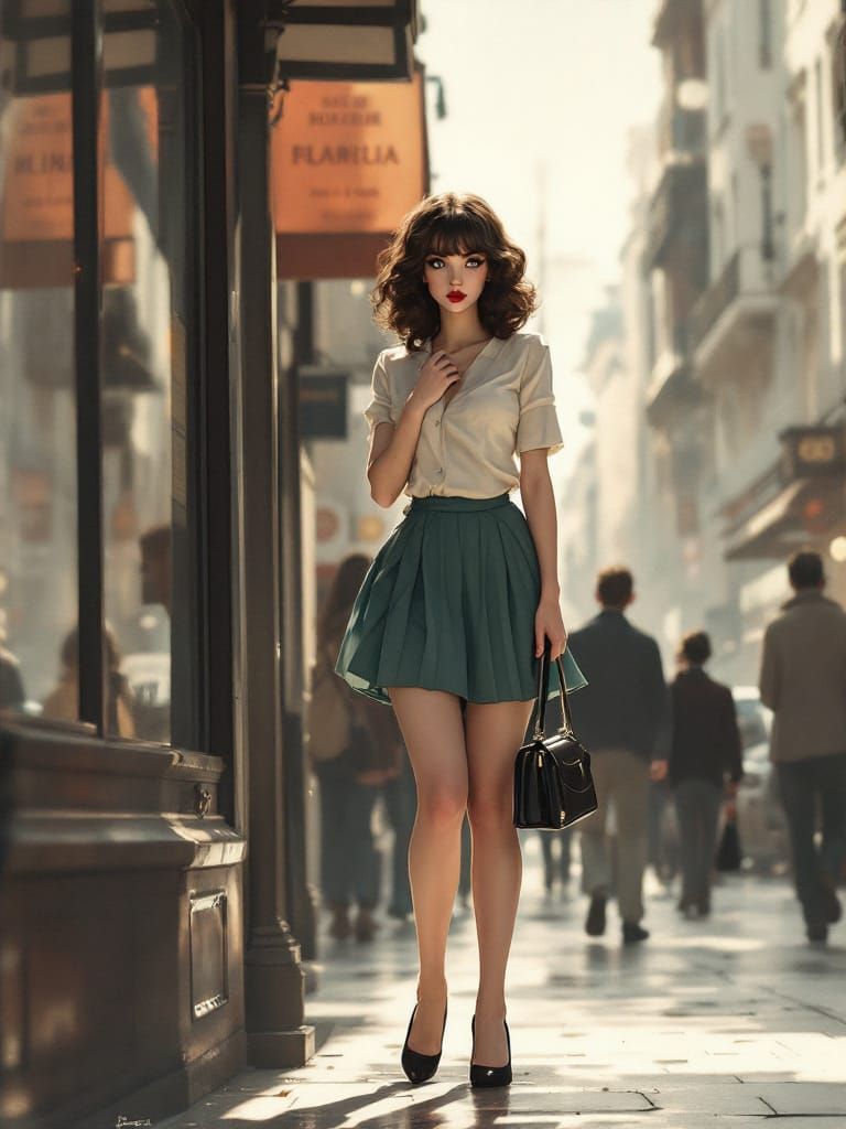 Pin-Up Woman on City Sidewalk in Painterly Storybook Style