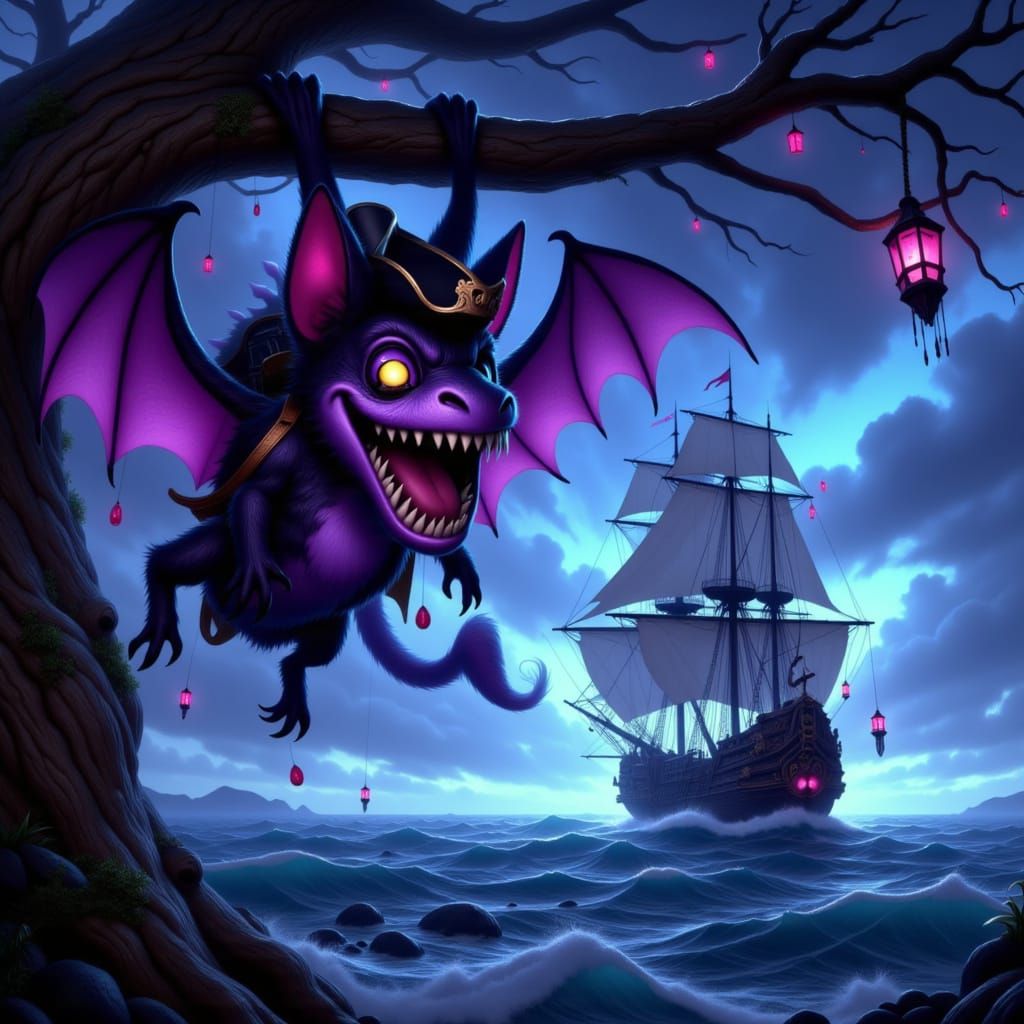 Pirate Bat Hanging Near Ship in Stormy Twilight