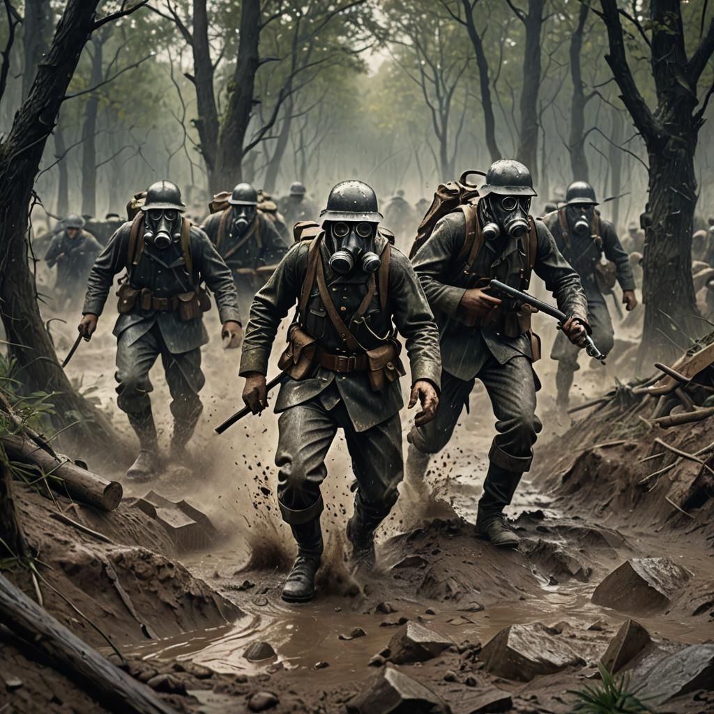 World War 1 Soldiers Storming Trench in Rain