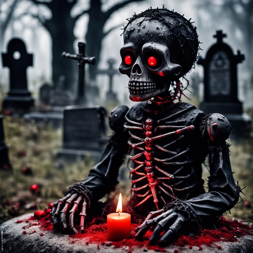Creepy Voodoo Doll in Graveyard with Burning Candles
