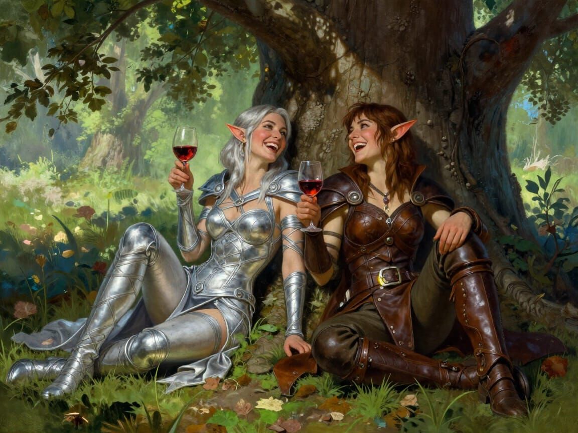 Elf Women Laughing by Elm Tree in Fantasy Concept Art