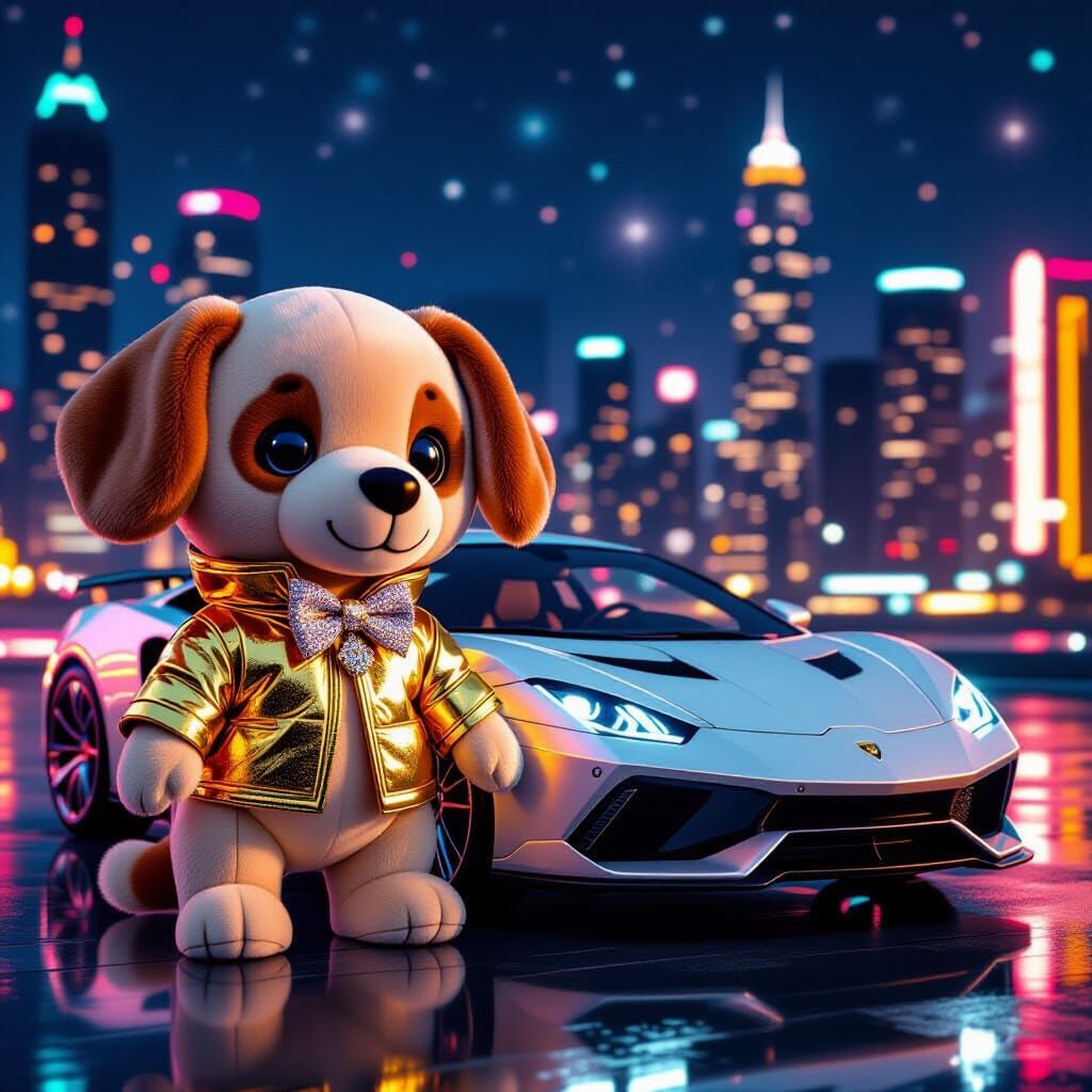 Plush Dog in Golden Jacket with Neon Supercar