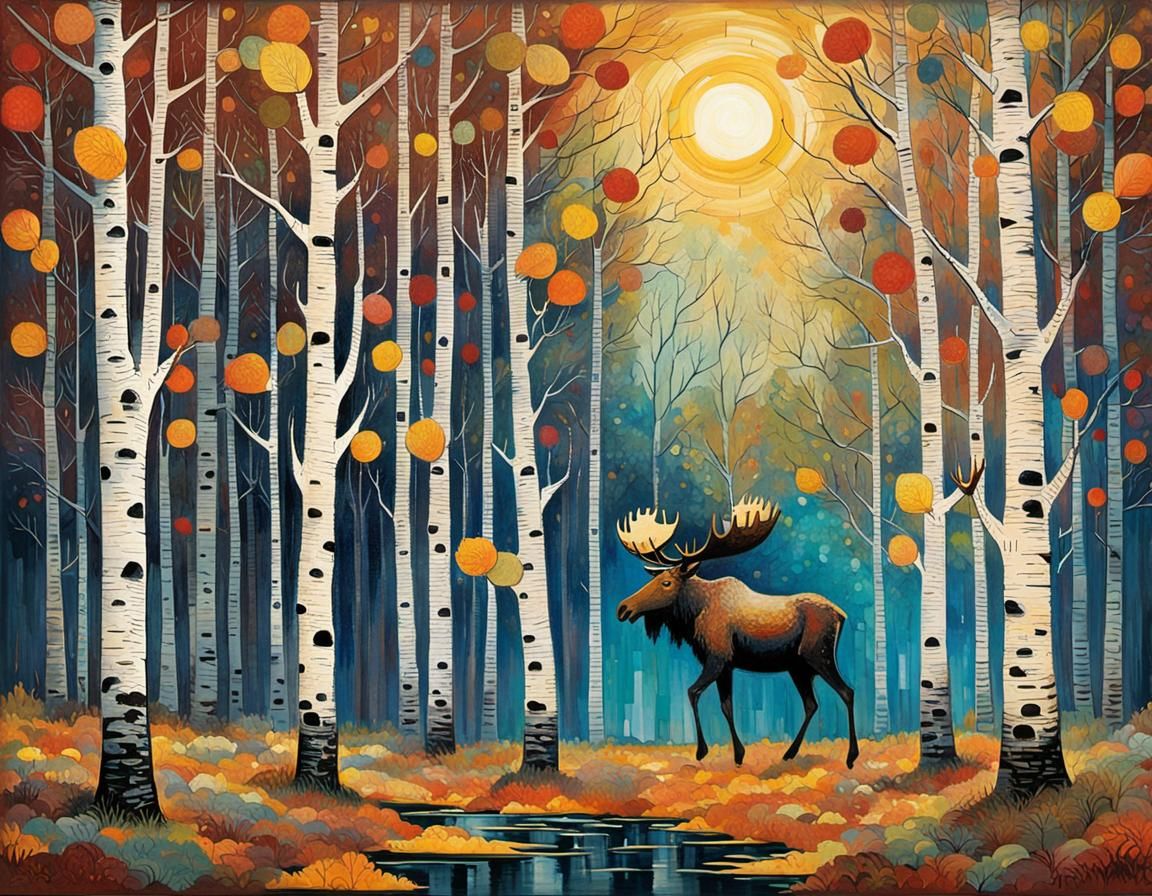 Autumnal Moose in Birch Forest: Abstract Impression