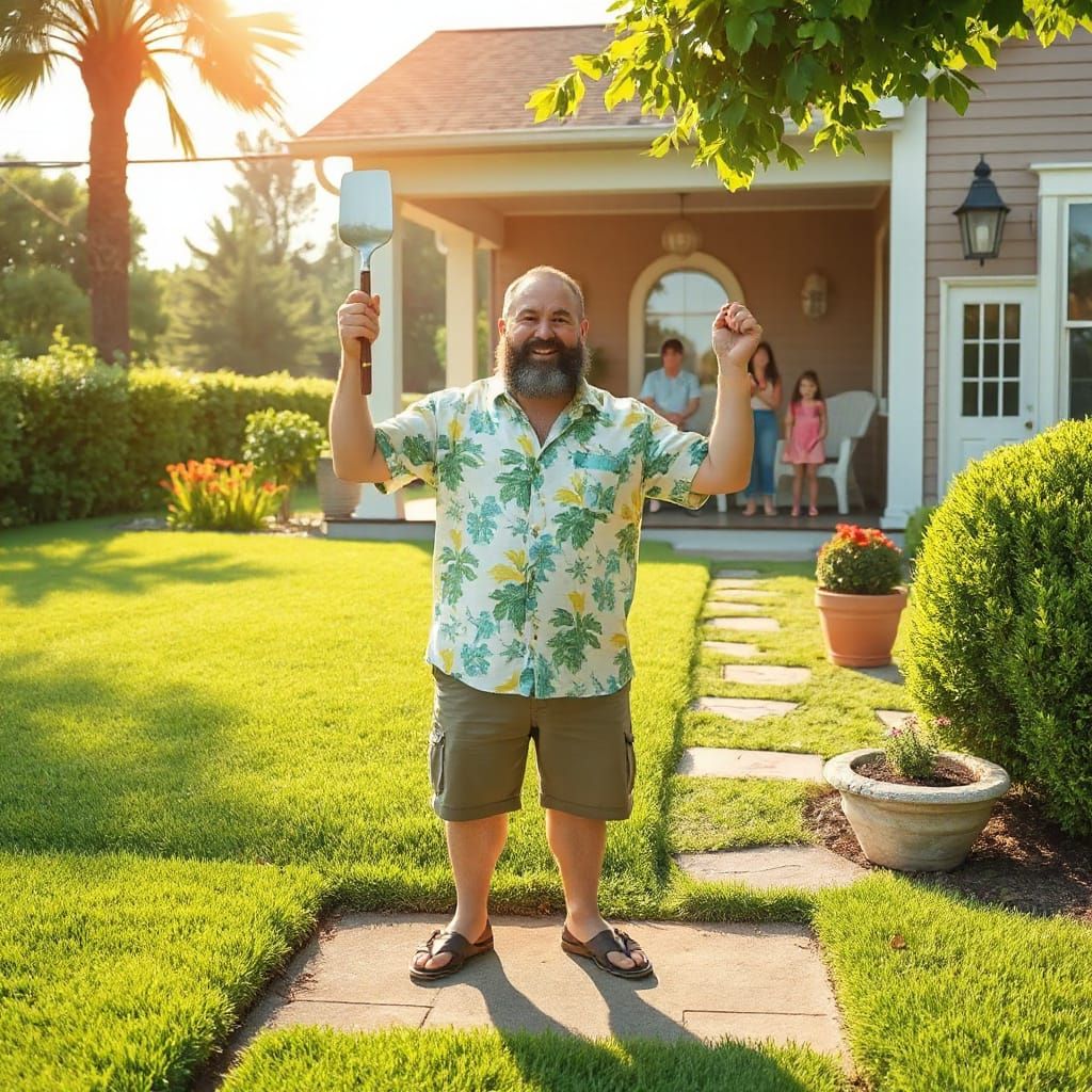 Heroic Dad on Lawn in Kawaii 3D Style