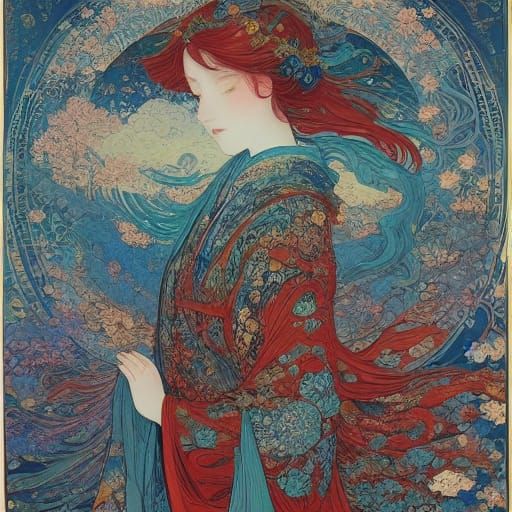 Ethereal Red-Haired Woman in Enchanted Forest