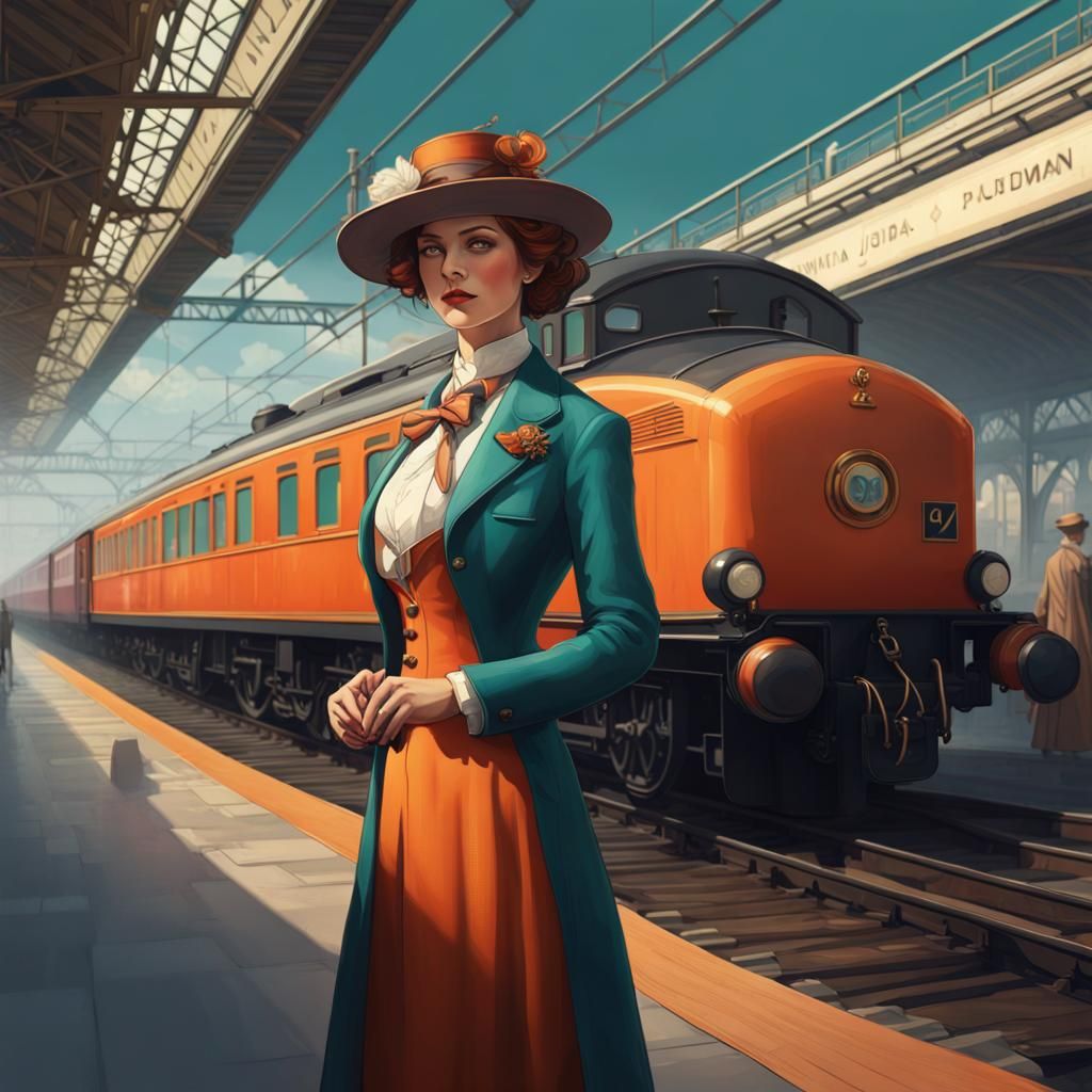 1930s Woman on Railway Platform, Detailed Digital Art