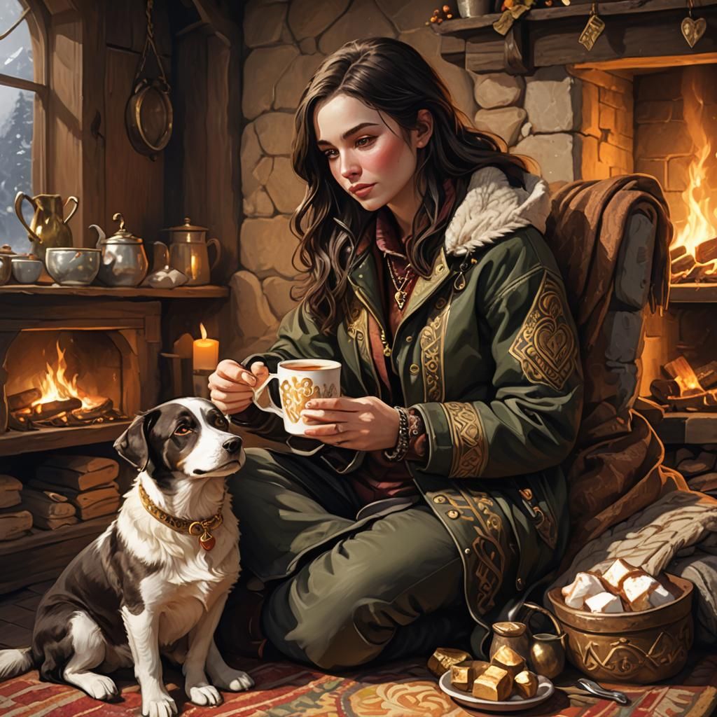 Cozy Hearth Scene with Girl and Dog