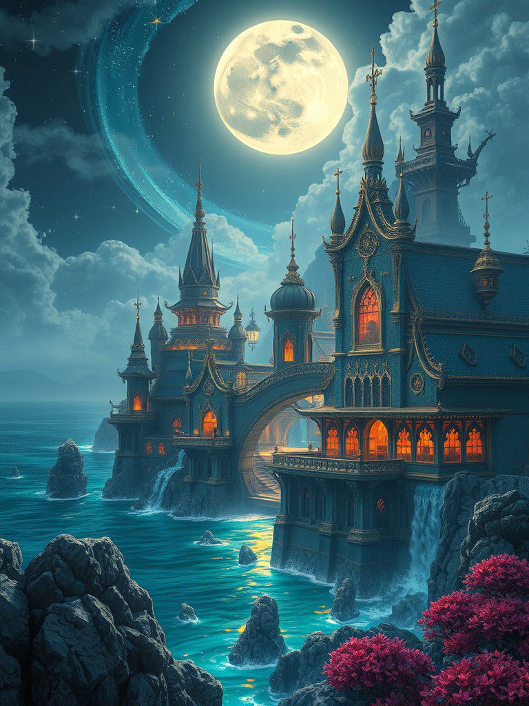 Gothic Fantasy City Awaits Amidst Moonlit Coral Seascape