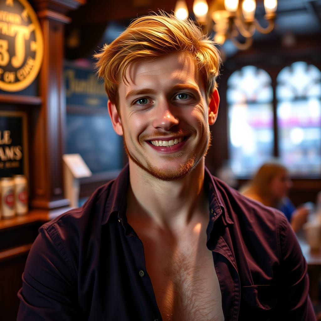 Ginger-Haired Man Smiling Portrait in London Pub