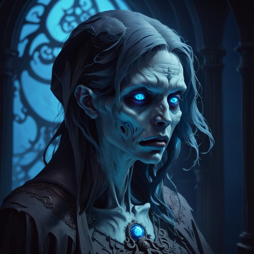 Necromancer Portrait in Eerie Blue Light, Digital Art