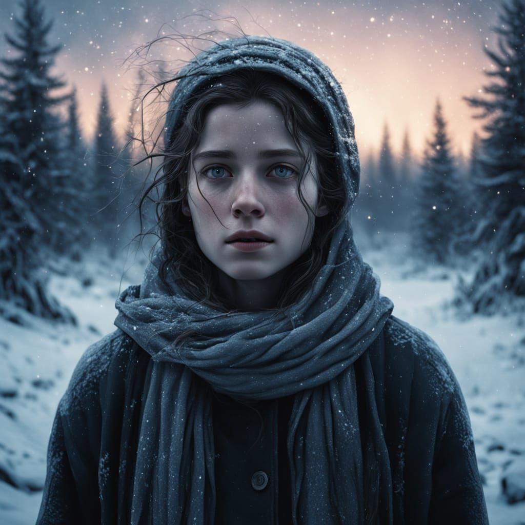 Ghostly Woman in Bleak Winter Landscape