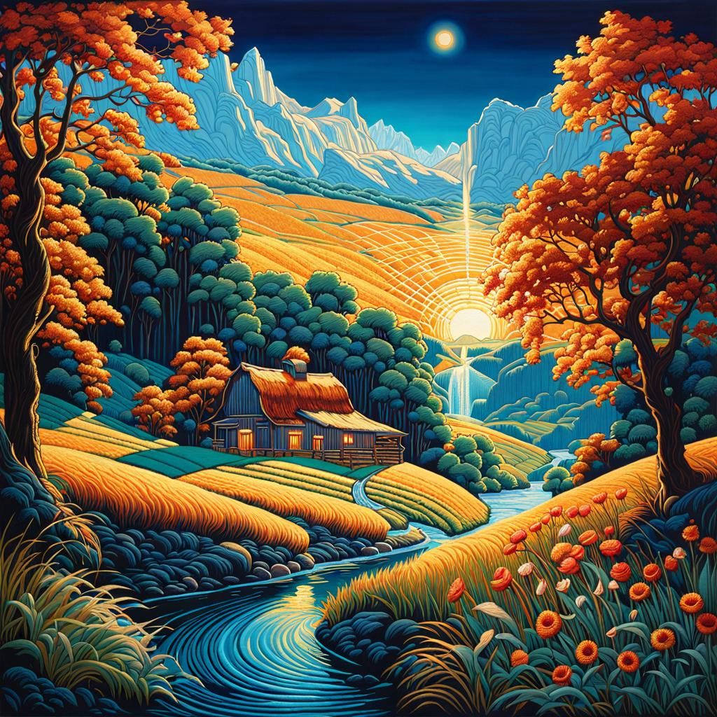 Embroidered Farm Landscape with Neanderthal Metropolis