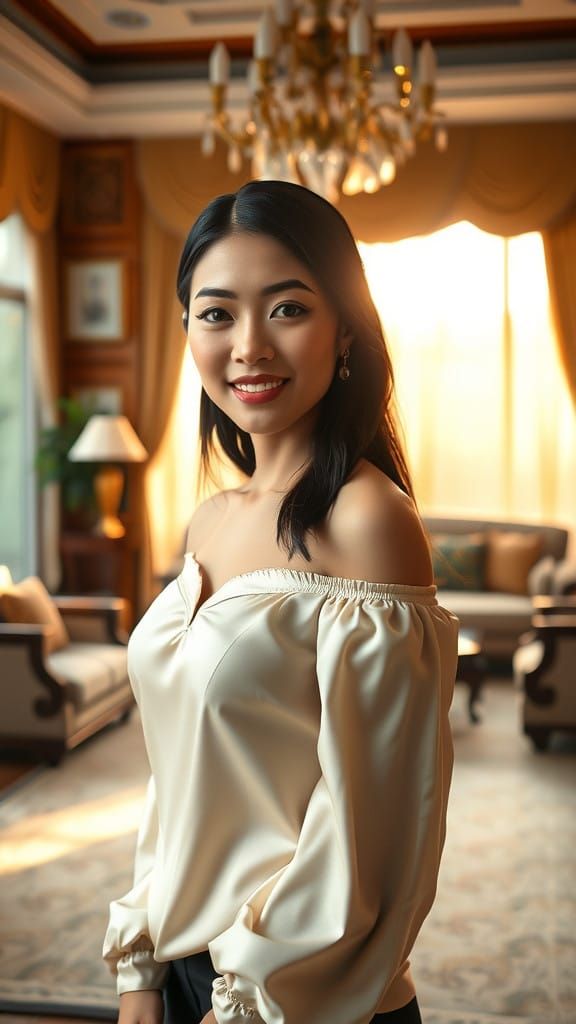 Elegant Asian Woman in Luxury Living Room