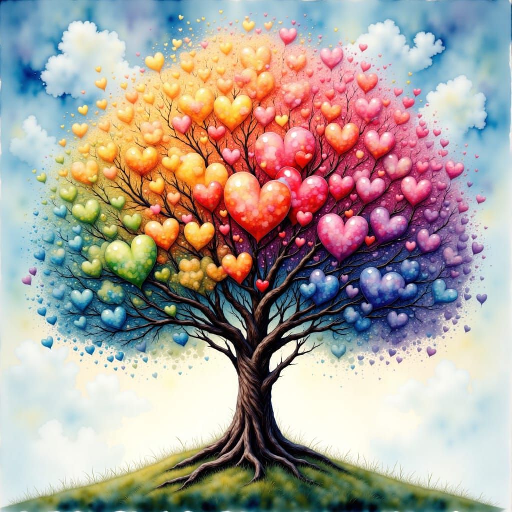 Chibi Tree of Life with Rainbow Heart Leaves