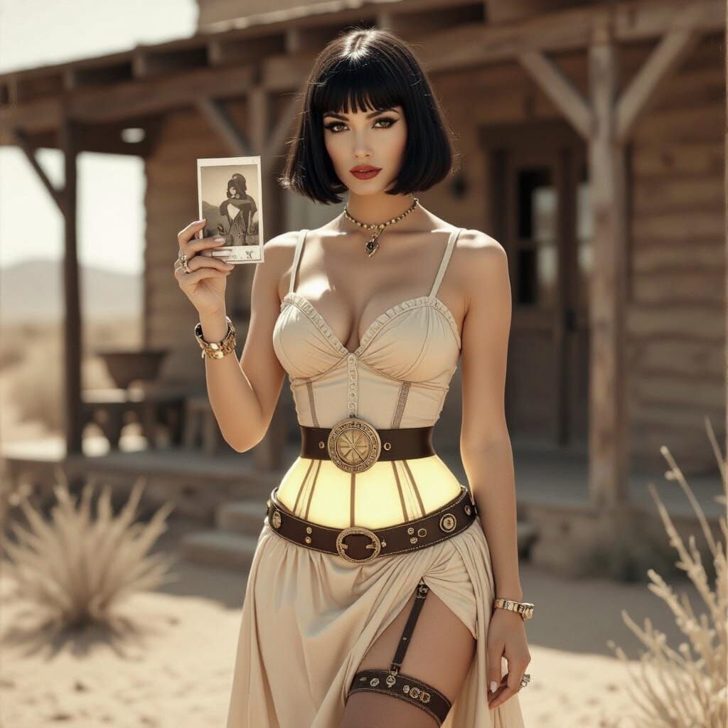 Time-Traveling Cowgirl in Sepia-Toned Vintage Photo