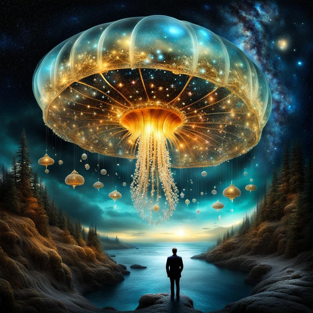 Surreal Galaxy Jellyfish Portal with Crystalline Utopia