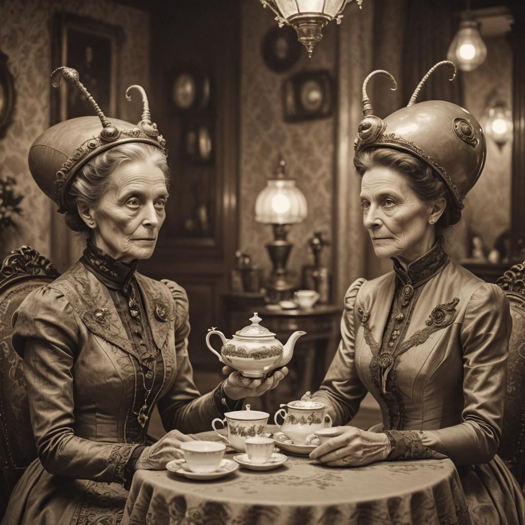 Victorian Ladies Have Tea with Alien, Sepia Photo