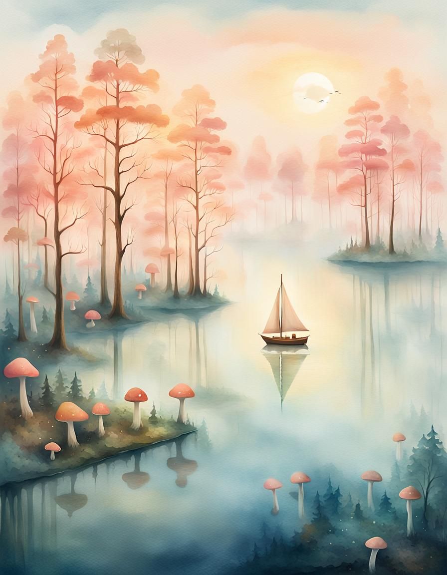 Glowing Mushroom Forest: Ethereal Watercolor Landscape