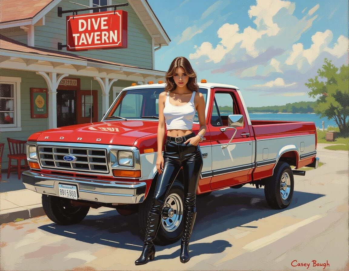 Impressionistic Painting of Woman with Vintage Ford Truck