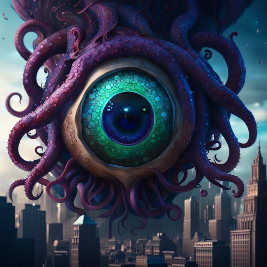 Eye Creature with Tentacles in Fantasy Cityscape