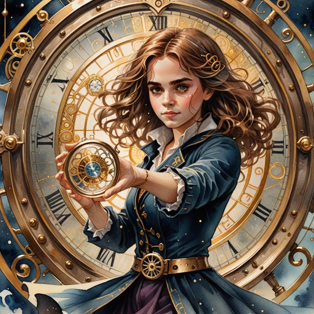Hermione Twirling Time-Turner in Watercolor Style