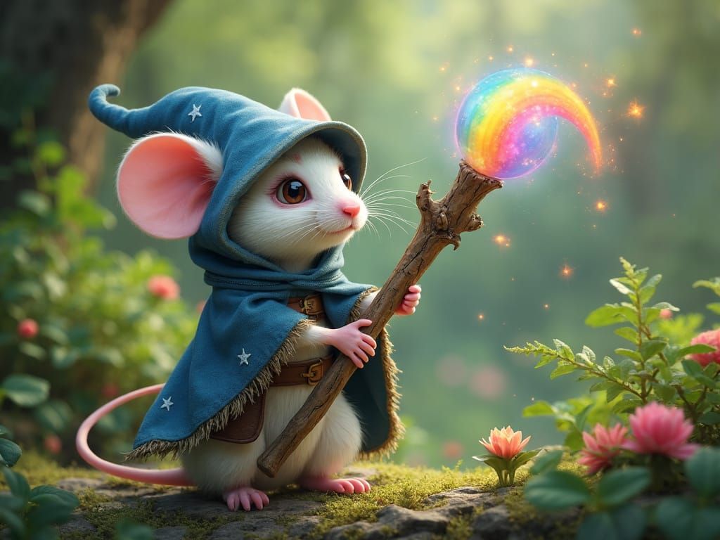 Mouse Wizard Casting Rainbow Spell in Enchanted Forest