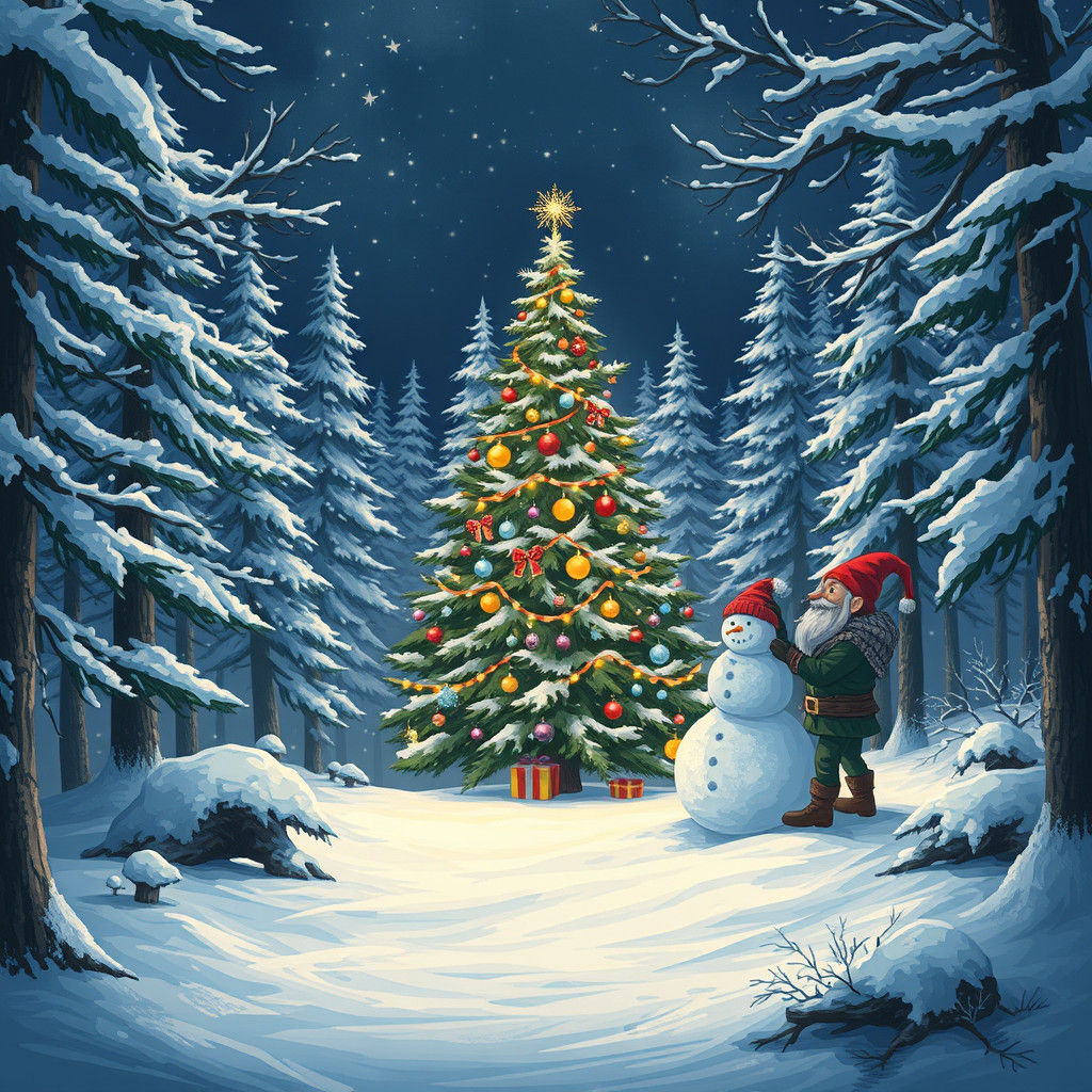 Magical Winter Forest Scene with Gnome and Christmas Tree