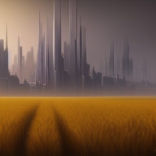 Futuristic City Over Wheat Fields, Digital Art